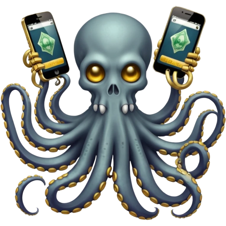Intimidating octopus skeleton. Evil looking eyes, wearing a gold necklace. 2 tentacles are holding their own cellphones with one held up to its ear, 2 other tentacles are holding stacks of money emoji