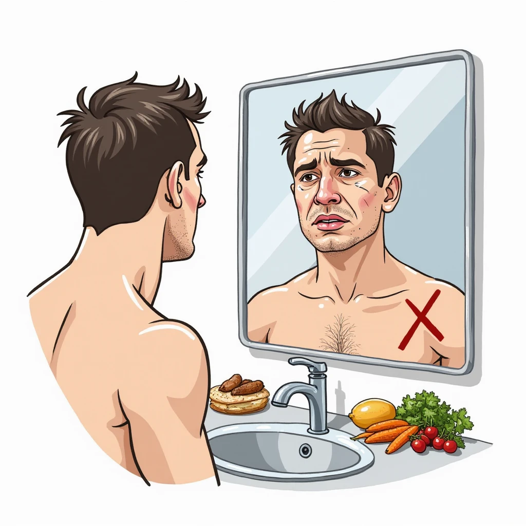 realistic man with marked face and dull eyes looking at himself in the mirror, reflection shows dull skin and thinning hair, next to sink are healthy fat-rich foods crossed out with a red X, Italian caption: 'No grassi buoni: effetti visibili su corpo e salute', isolated on white background emoji