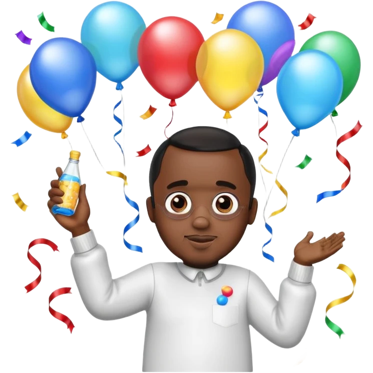 Diddy holding baby oil at a party with balloons and confetti and banners oiled up emoji