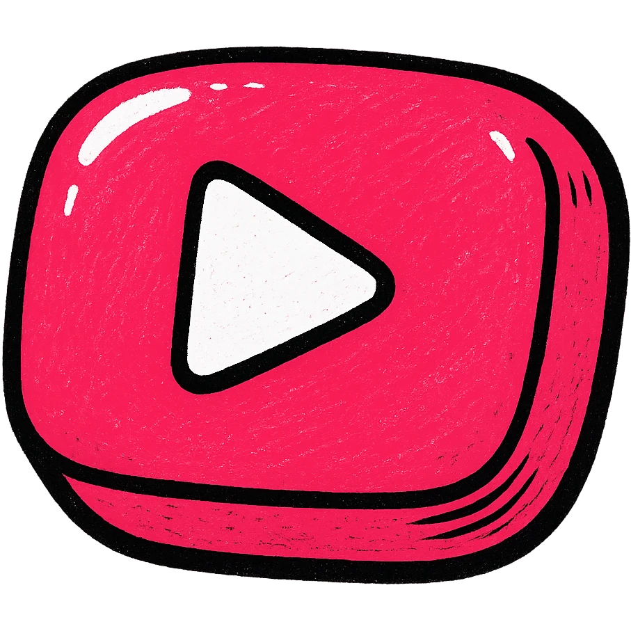 chubby red YouTube icon with thick black contours, strong shadows, shiny highlights, plump outlined dimensional style, no background, only the symbol emoji
