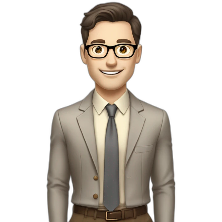 Pale skinned fit man with dark brown hair in gray jacket, beige office shirt, brown tie, brown pants and vintage glasses Writing on the flipchart emoji