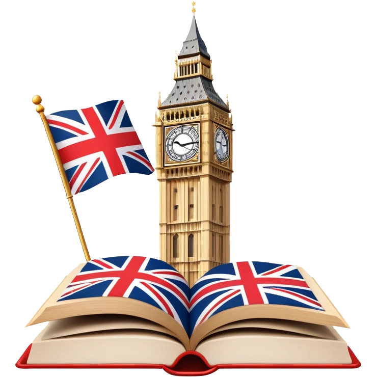 An icon featuring the Big Ben clock tower and the flag of the United Kingdom, symbolizing the English language. The design includes an open book with English words and phrases, representing language learning and cultural exploration. Transparent background  emoji