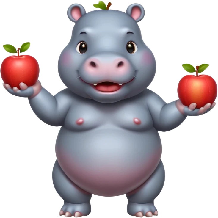 a Circus cute hippo juggling two apple emoji