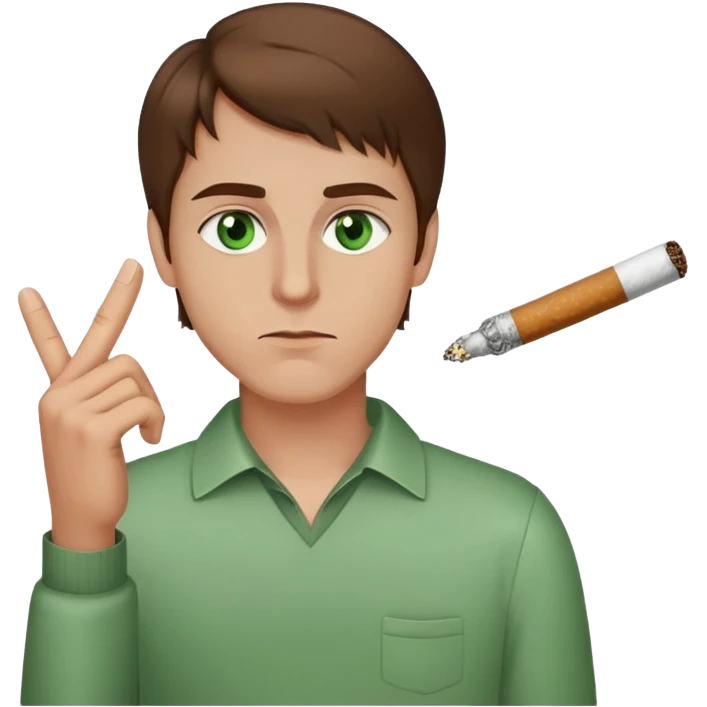 Chico con ojos verdes pelo castaño fumando un cigarro y sacando el dedo emoji