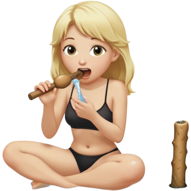 blond woman sitting on her knees, eating a wide stick with a half-round D-shaped knob, both the stick and knob are the same color as her skin, the knob has visible skin texture, water stream squirting from the flat side of the knob into her open mouth, surprised expression emoji