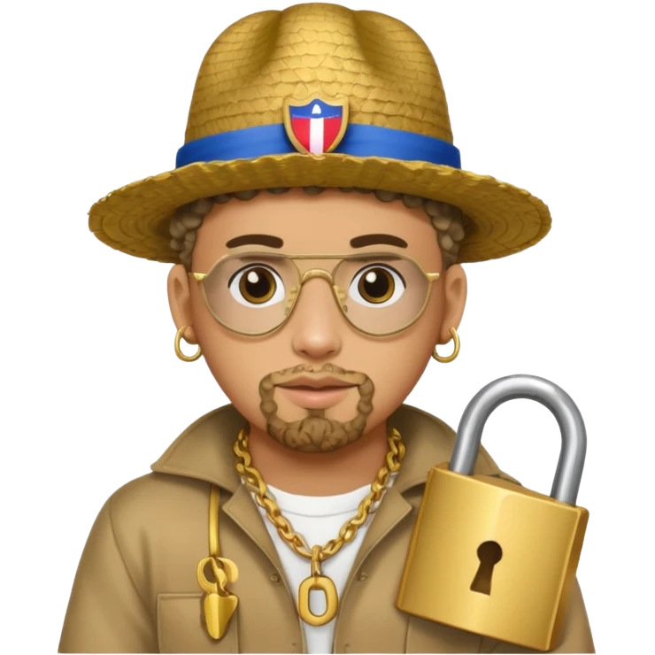 An emoji of Bad Bunny, the superstar from Puerto Rico. The singer. His hair is curly. He has a padlock beard. An an traditional boricua hat.  emoji