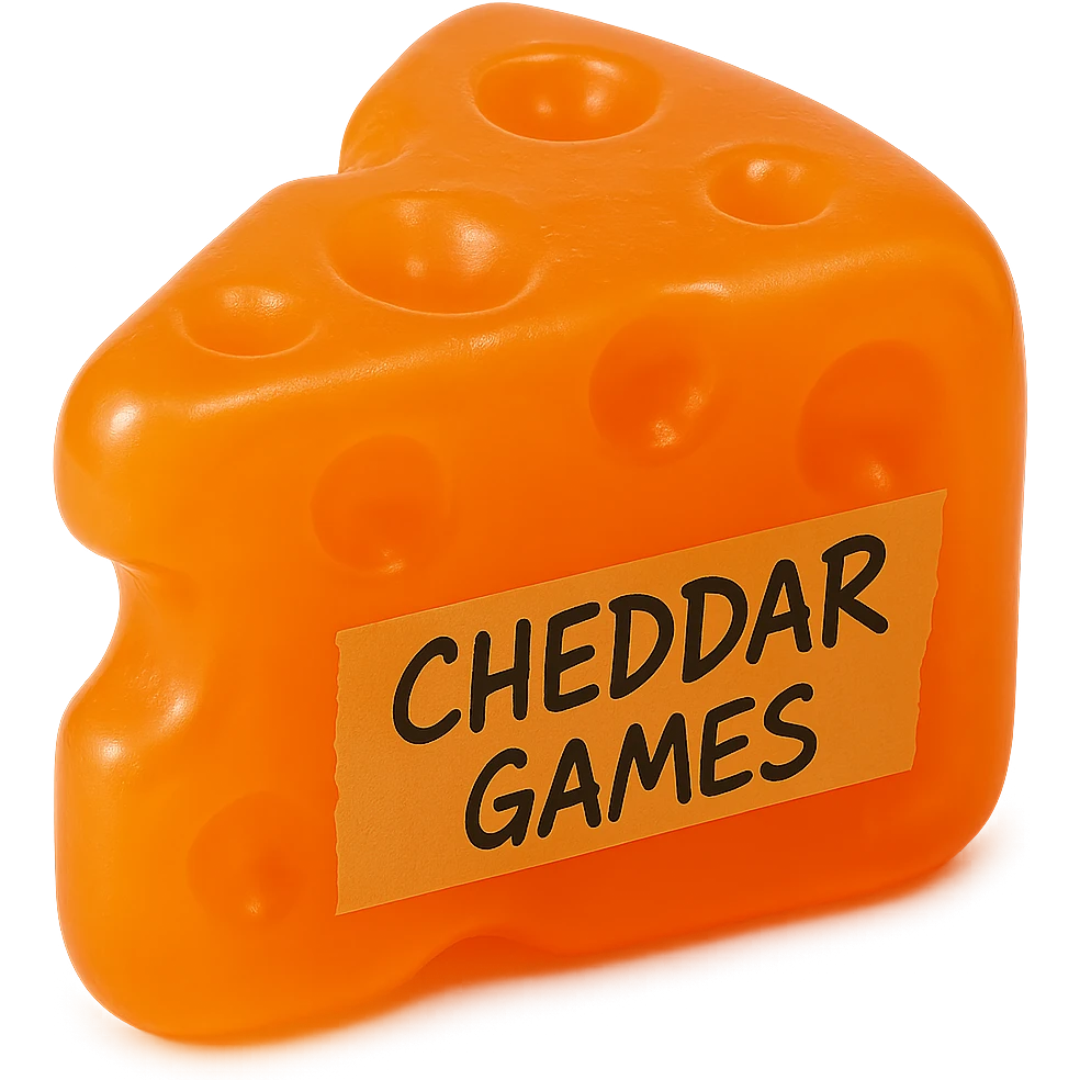Transform the block of cheddar cheese into the exact shape of the reference image: a classic cartoon Swiss cheese wedge with rounded edges and holes. Change the color to a much more translucent, bright orange gummy bear-like hue. Maintain the hyper-realistic, retro, soft plastic 90's toy texture with soft reflections, a slightly squishy and cloudy appearance, and a subtle glow. Keep the tape with 'Cheddar Games' in sharp, messy handwriting on the side. No background. emoji