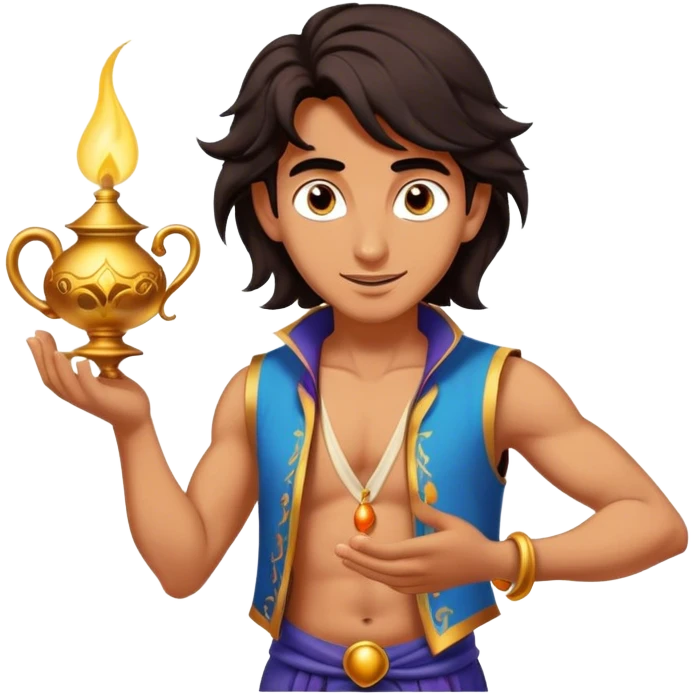 Cinematic Realistic Aladdin Portrait, depicted with lifelike, warm skin textures and a confident yet approachable gaze. His dark, wind-tousled hair frames expressive eyes full of adventure and kindness. Dressed in his iconic vest and loose trousers with intricate detailing, he holds a subtle glimmer of a magic lamp, all rendered under soft natural lighting with a radiant glow that captures his resourceful spirit. emoji