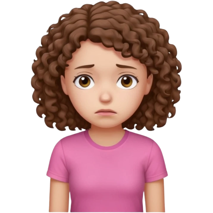 Young girl with curly hair and a pink T-shirt, looking sad and discouraged emoji