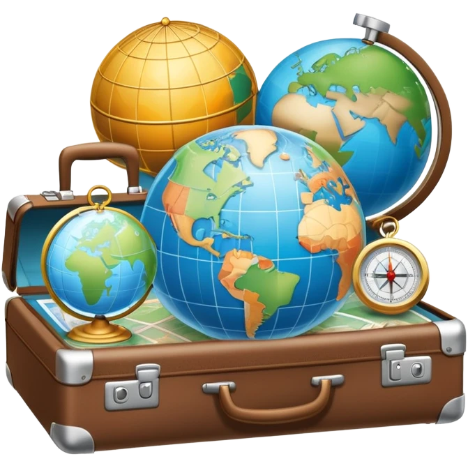An icon featuring a suitcase, 1 globe, and a hotel building, symbolizing tourism and hospitality studies. The design includes a map and compass, representing travel research and industry analysis. Transparent background emoji