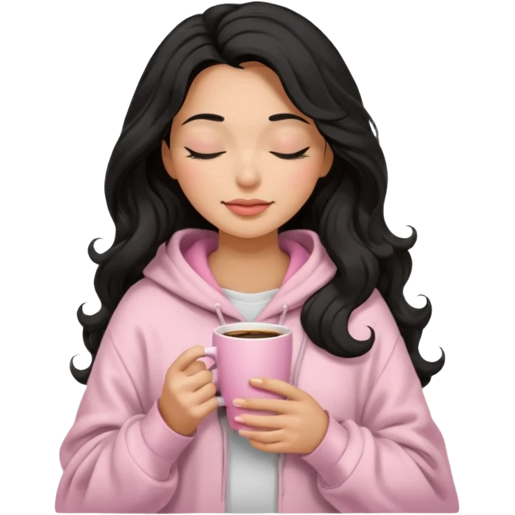 hispanic woman, black long wavy hair , closed eyes, feminine face, holding soft pink coffee cup wearing white Hoodie with pink blanket over shoulders emoji