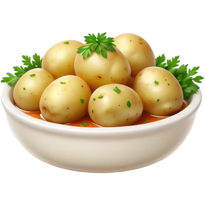 Cinematic realistic emoji featuring a dish of boiled potatoes with fresh herbs and spicy dressing, made with realistic details and bright natural lighting emoji