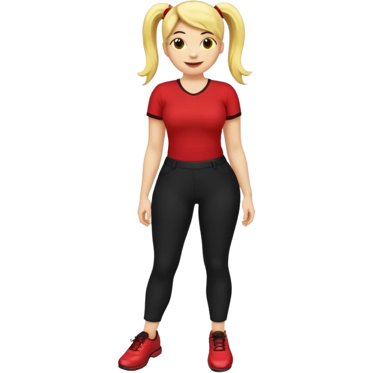 A smiley yellow emoji (like 😊) with a ponytail, red shirt, big breasts, black pants, ass and red shoes emoji