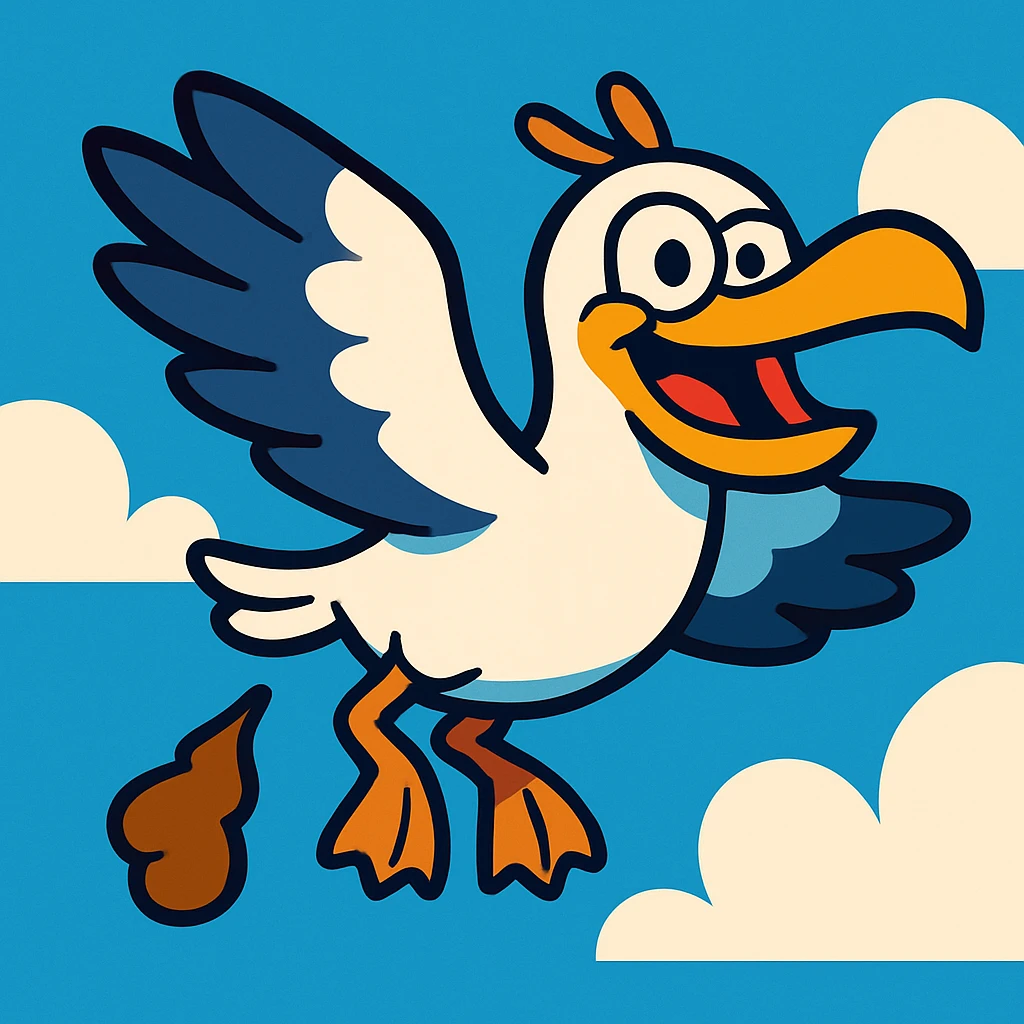 a seagull flying while pooping, colorful cartoon style, playful and exaggerated expression emoji