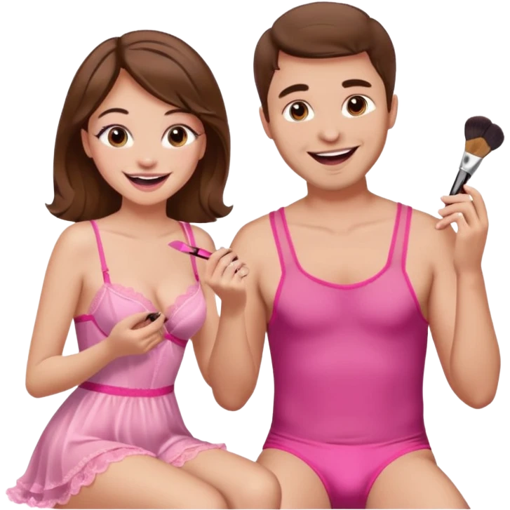 brown hair male getting sissified in pink lingerie dress by his wife. the wife is laughing. she is doing makeup emoji