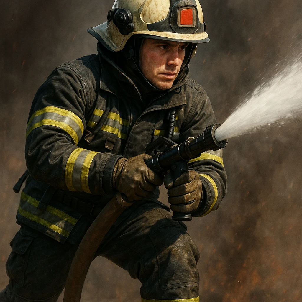 firefighter holding a water hose, detailed uniform, helmet, action pose, modern style emoji
