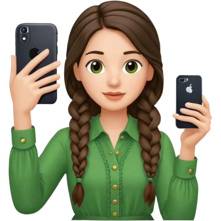 brunette long braided haired woman with green blouse holding her phone having selfie emoji