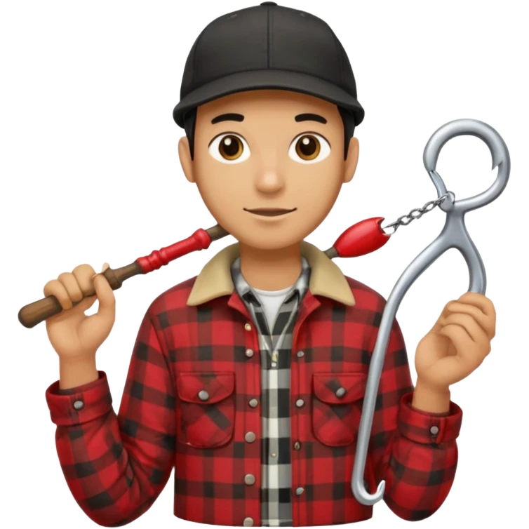 vit Ung man med svart keps röd gul rutig flanellskjorta hållandes en båtshake med stor torsk emoji