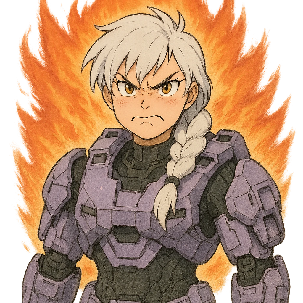 making an angry scowl, frown closed mouth, rage face, rage aura,  female, wearing reach spartan armor shoulder-unequip, long white braid hair with massive messy front side single bangs, gold yellow eyes, attention pose, D-cup size, HALO:series, no helmet, the armor is lavender color scheme, emoji