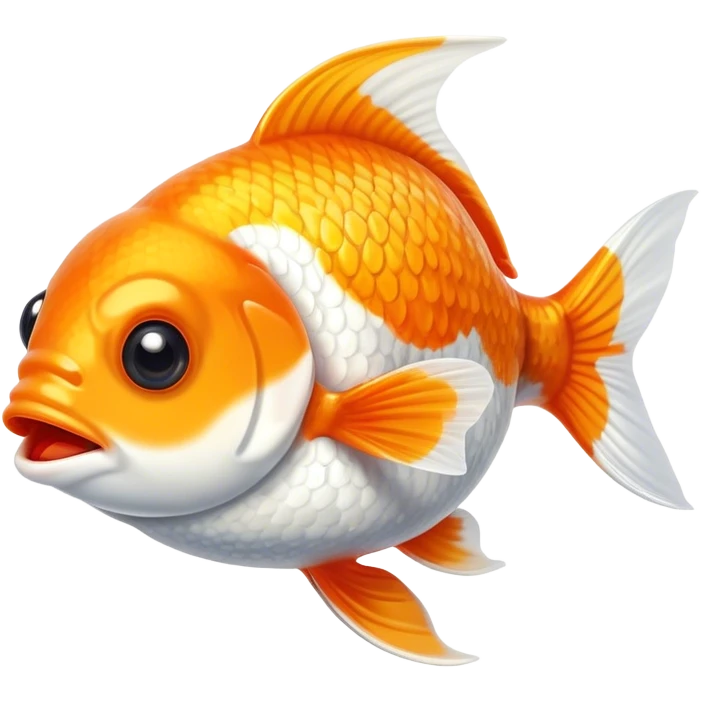 Cinematic Comical Orange and White Goldfish Portrait Emoji, Head tilted dramatically with an exaggeratedly amused expression, featuring a striking body with bold orange and white patterns, wide, expressive golden eyes filled with playful disbelief, Simplified yet hilariously expressive features, highly detailed, glowing with a slightly sassy glow, high shine, dramatic yet playful, stylized with an air of cheeky mischief, bright and endearing, soft glowing outline, capturing the essence of a spirited and over-the-top goldfish, so meme-worthy it feels like it could side-eye its way into internet fame instantly! emoji
