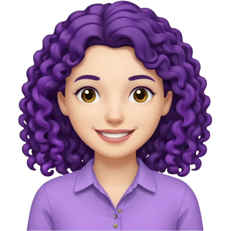 mujer blanca con cabello largo rizado negro sonriendo con camisa lila emoji