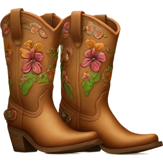 Realistic pair of isolated rleather wooden tooled flower pattern cowgirl boots. emoji