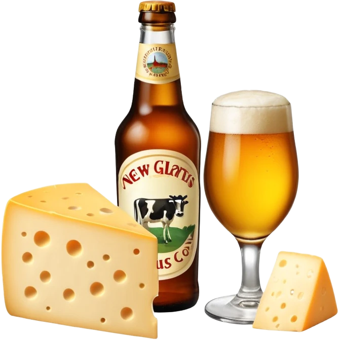 New Glarus Spotted Cow beer bottle next to cheese wedge emoji