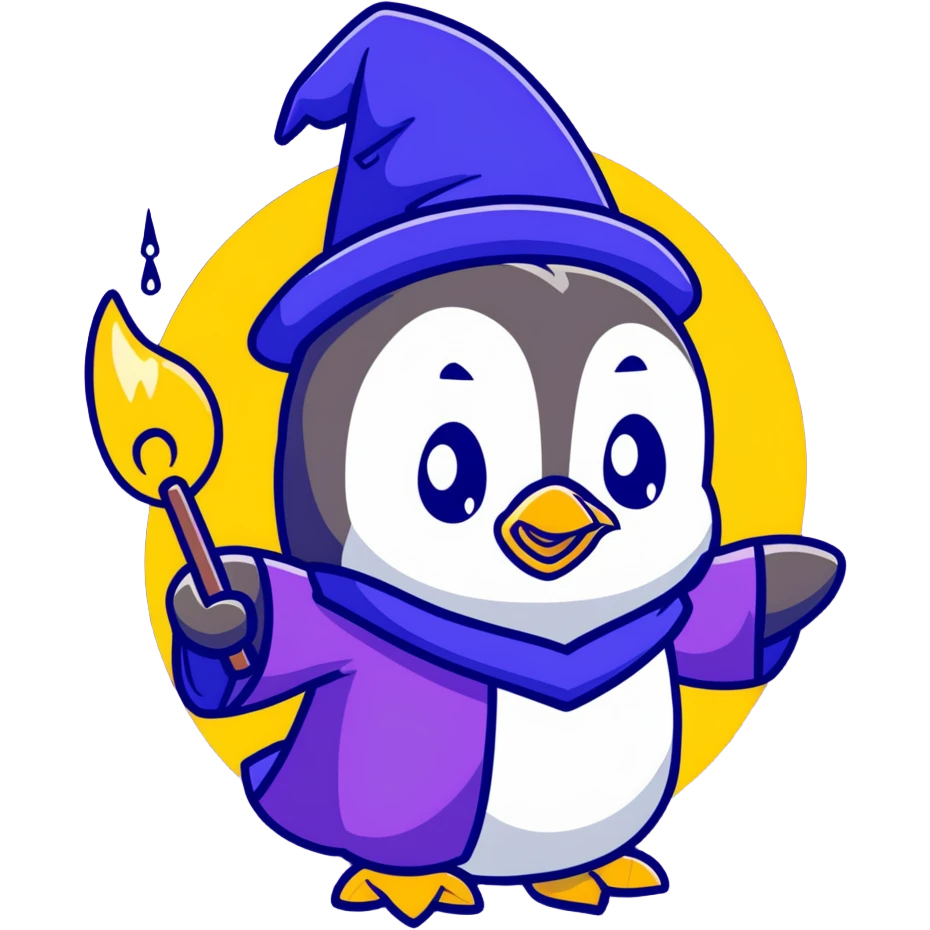 a cute penguin wearing a purple wizard robe and blue wizard hat, casting a spell emoji