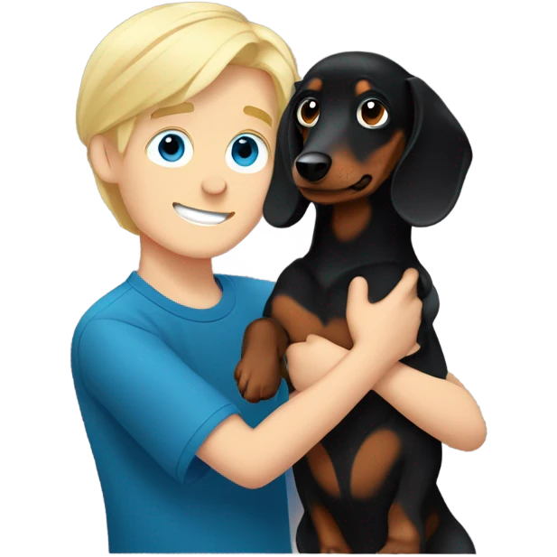 Blonde hair blue eyed boy cuddling black long haired dachshund  emoji