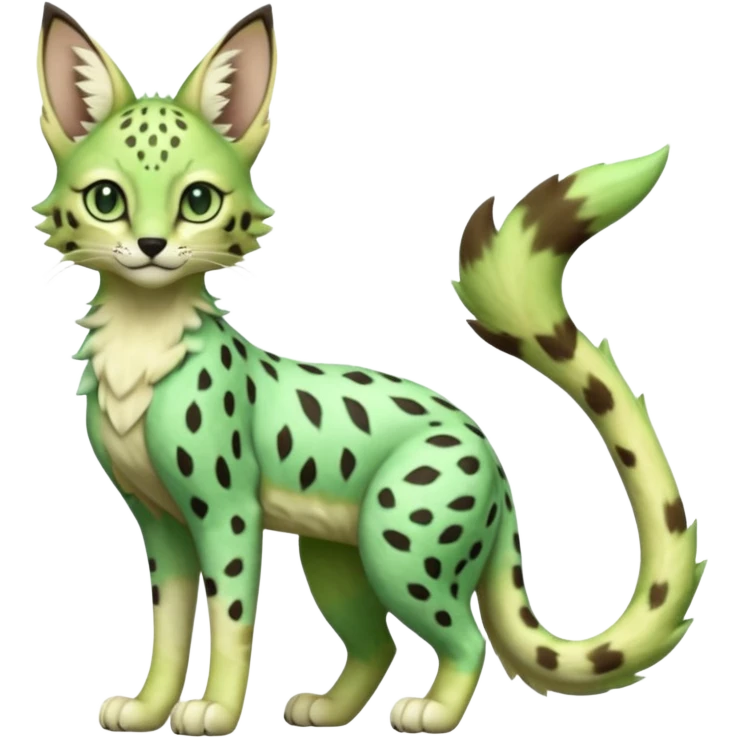 Epic complex detailed emerald-green pastel-lime-green dark-brown beige pastel realistic aesthetic-scenic-Fakémon-Sprigatito-Floragato-Meowscarada-Trico-Sergal-Serval-Vernid-creature (full body) emoji