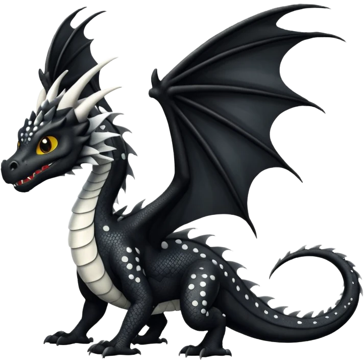 A dragon that is  black 🖤 with white spots. HUGE wings and a tail emoji