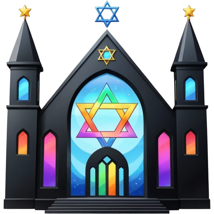 jewish synagogue temple in dark goth aesthetic style with black building and light rainbow tint glass windows and star of david and celestial symbolism emoji