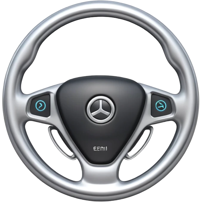 A futuristic steering wheel emoji made of silver chrome, minimal geometric design, smooth metallic surface, soft reflections, iOS emoji style, centered, clean white background emoji