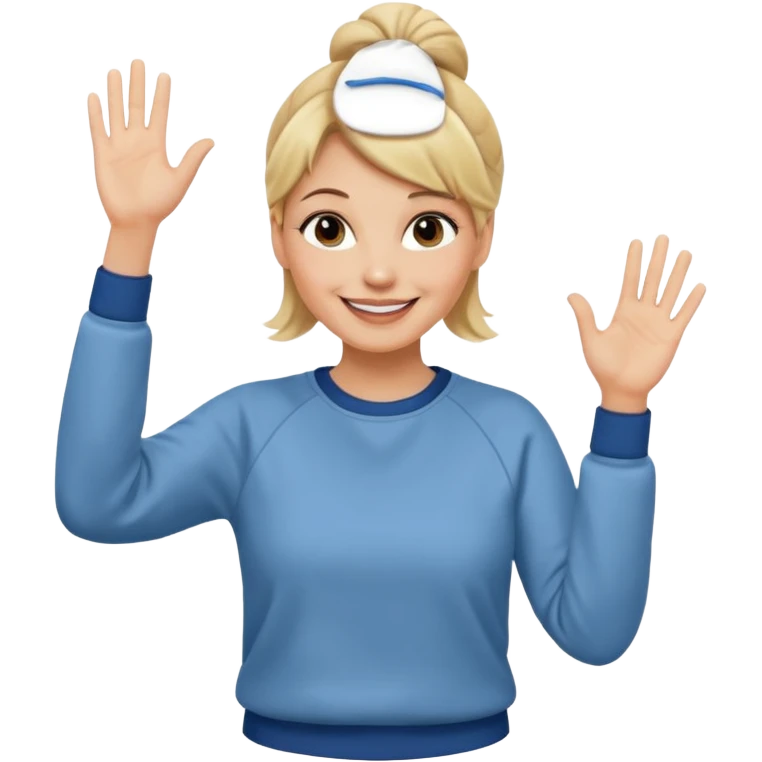50 year old blonde woman with bun in casual clothes and sweat shirt waving emoji