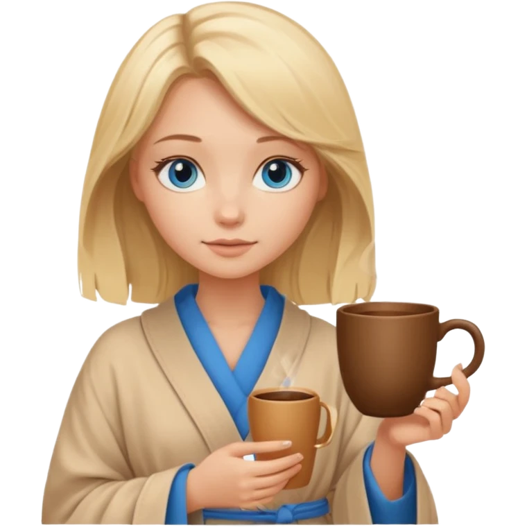 cozy blonde girl with middle length hair and blue eyes holds a brown cup in beige  robe emoji