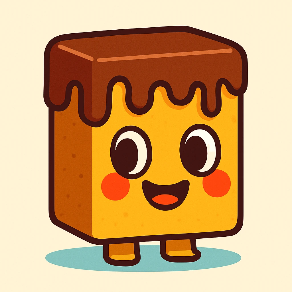 cartoon dessert bar, chocolate drizzle, big eyes, playful, minimal background emoji