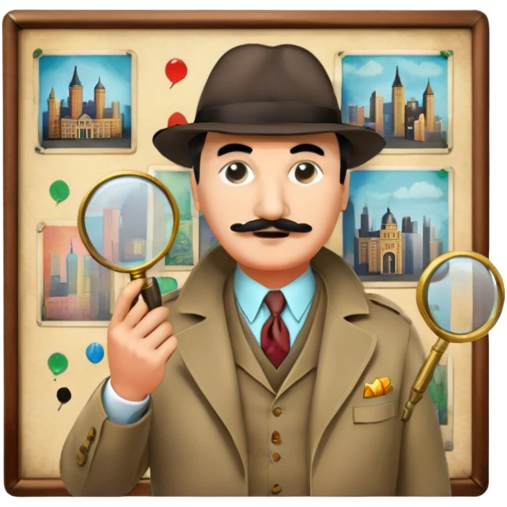 Icon for Detective Movies: A colorful collage featuring Detective Poirot, with a magnifying glass, revolver and a mysterious city backdrop. Include a board with photos of suspects, fingerprints, and a crime scene. Retro movie poster style. Transparent background. emoji