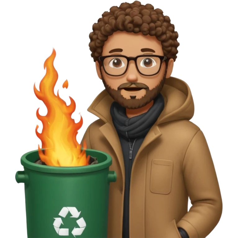 curly skinny guy with bear and glasses, heating in front of a trash bin on fire  emoji
