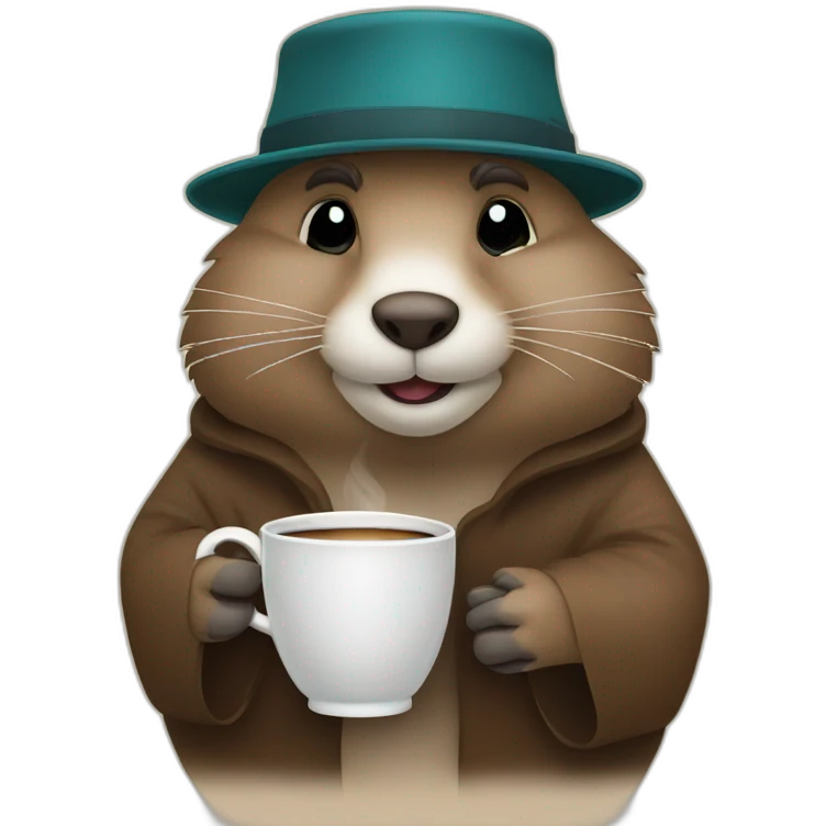 Sleepy groundhog in robe and cap holding cup of coffee emoji