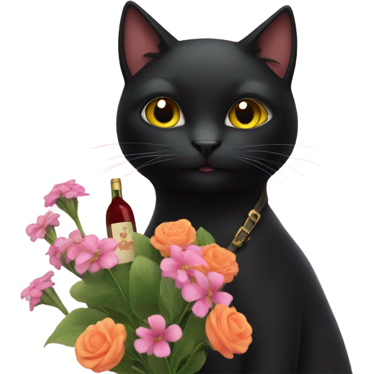 Black Cat holding flowers and a wine bottle emoji
