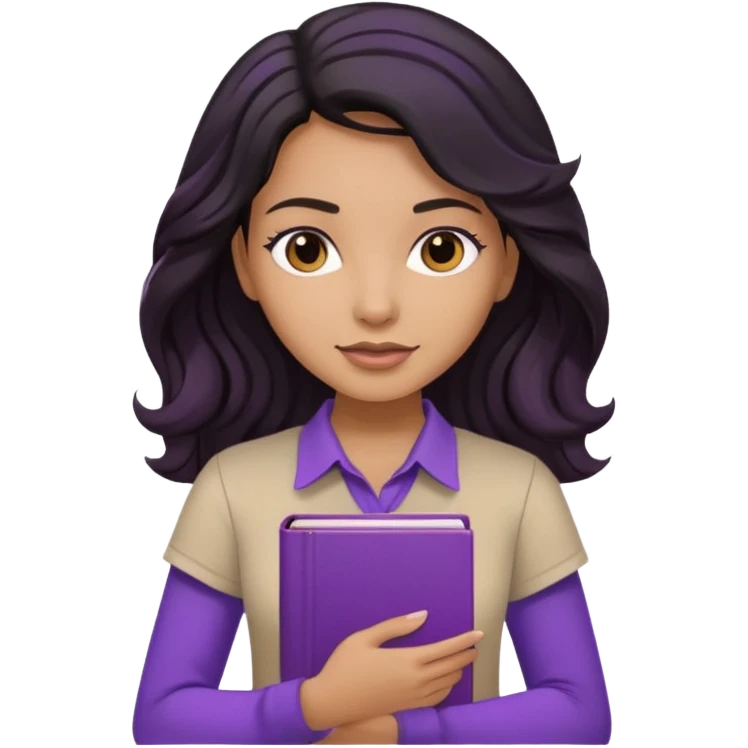 Long Hair Women, with Black dark wavy hair, with purple Book, beige shir, without background emoji