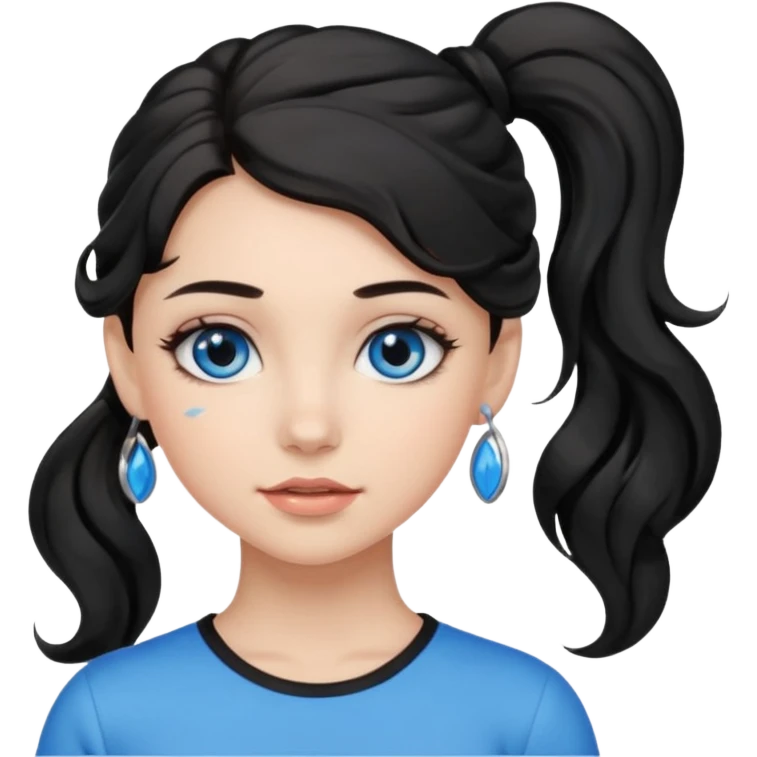 a girl with blue eyes, black wavy hair in a ponytail, clean girl makeup emoji