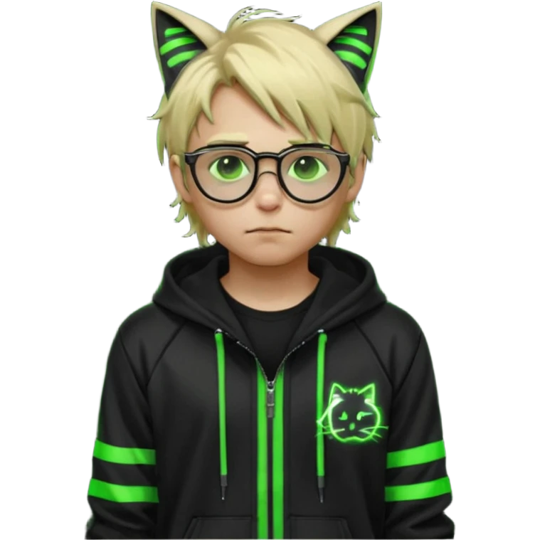 Light blond, slightly messy hair
Black glasses
A black hoodie with cat ears
Neon green details on the jacket and pants (glowing lines and stripes)
An overall hacker / cyberpunk style look
A neutral facial expression boy emoji