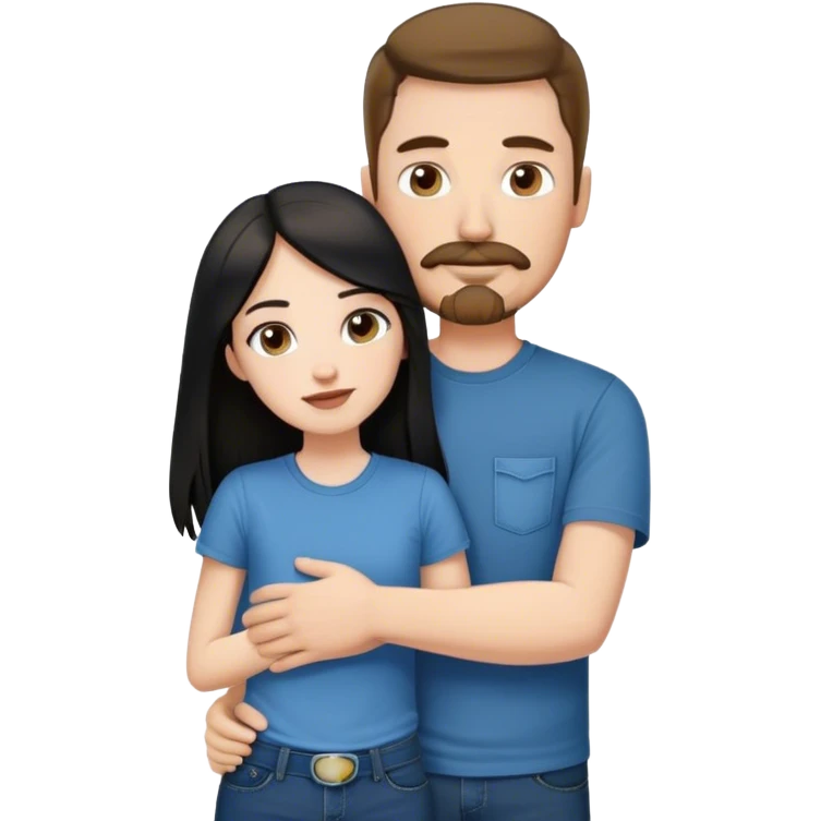 tall white guy with brown hair goatee mustache wearing t-shirt and jeans hugging a shorter white girl with long black hair emoji