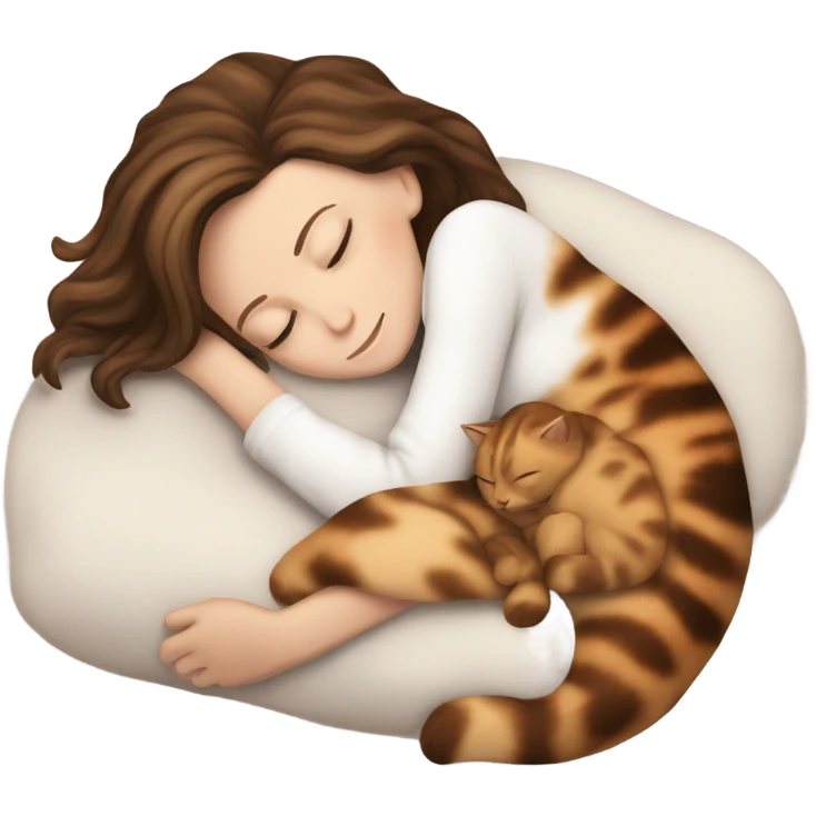 White girl brown hair sleeping with tortoiseshell kitty emoji