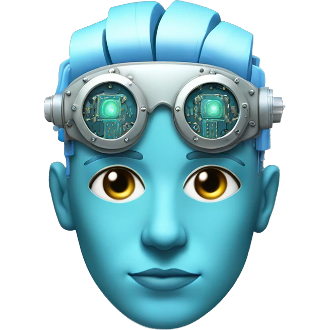 Pastel blue haired cyborg head with silver steampunk goggles and circuits emoji