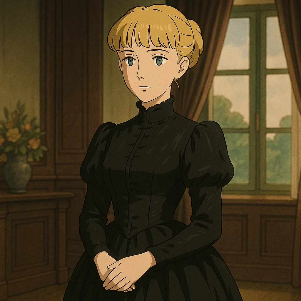 Blonde Victorian woman with bangs wearing a black silk mourning gown  emoji