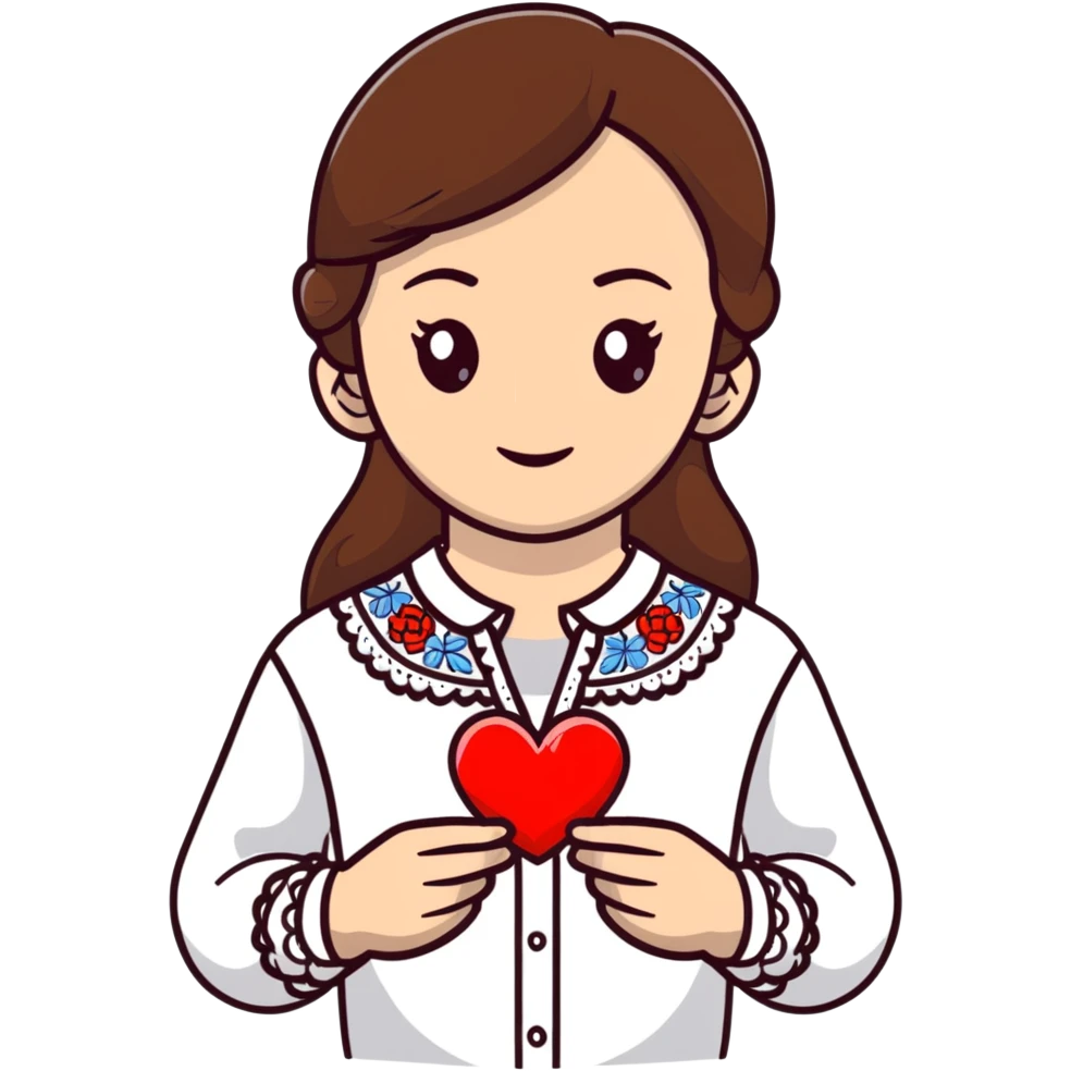 Beautiful young girl with brown hair in a white Ukrainian embroidered shirt holding a large embroidered heart emoji