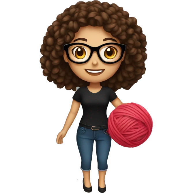 pretty Hispanic woman that has long brown curly hair holding one ball of yarn with both hands wearing a black shirt and black glasses emoji