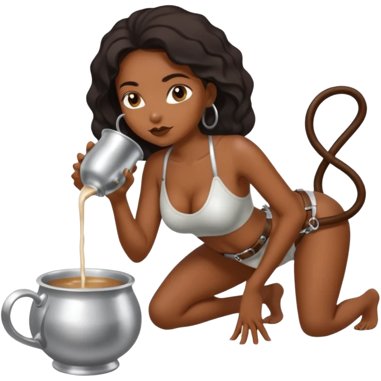 Dark Women drinking  from sliver milk bowl with only leash on on all fours  emoji
